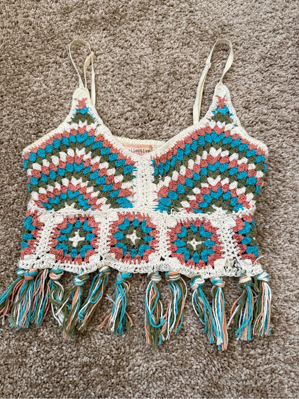 B.O.G. Collective Crochet Granny Square Fringe Crop Top XS